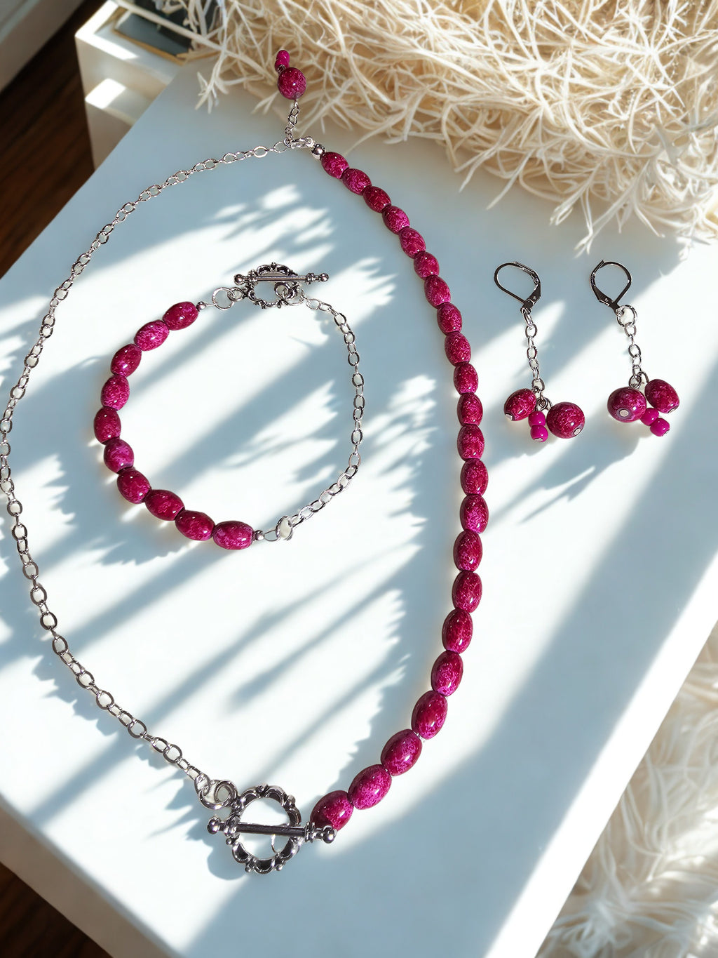 Pink Bead Necklace Silver Half Half Necklace, Bracelet and Earring Set