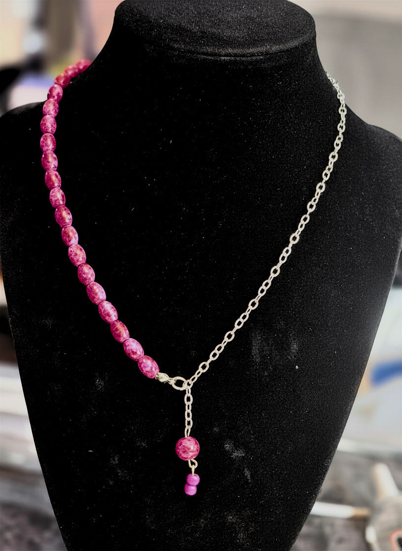 Pink Bead Necklace Silver Half Half Necklace, Bracelet and Earring Set