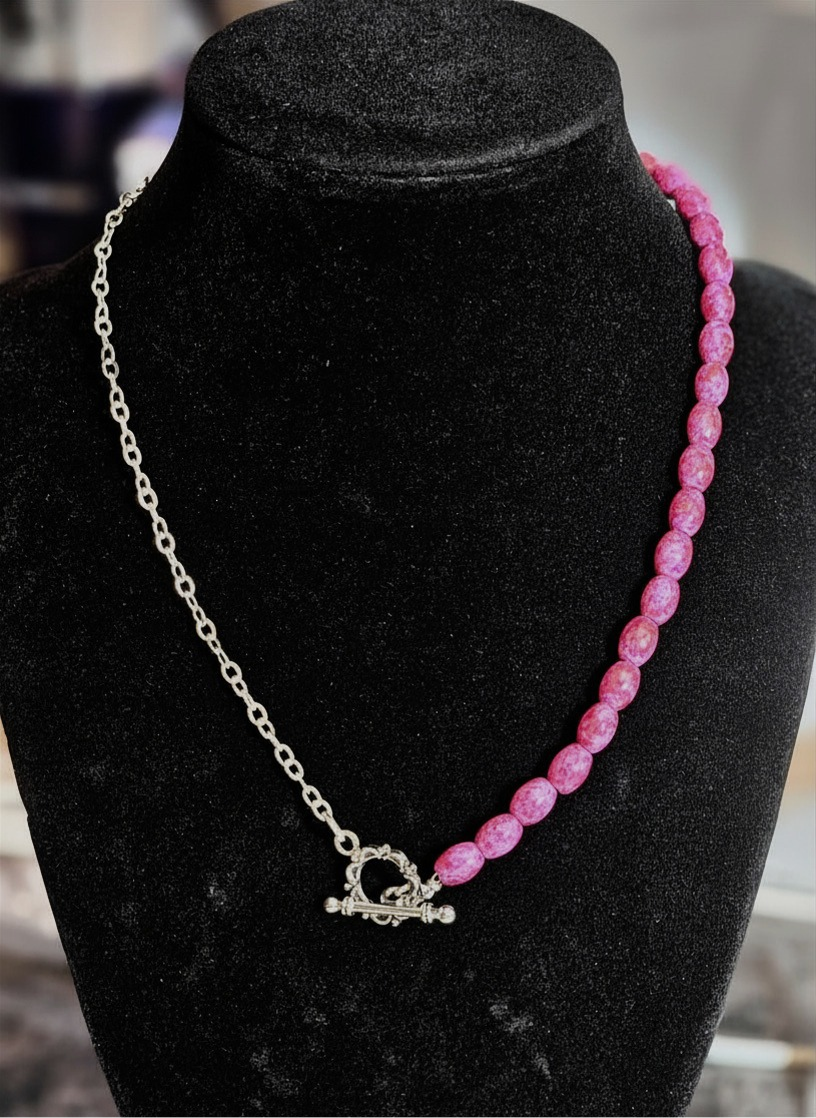 Pink Bead Necklace Silver Half Half Necklace, Bracelet and Earring Set