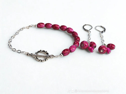Pink Bead Necklace Silver Half Half Necklace, Bracelet and Earring Set